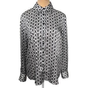 Cupcakes and Cashmere Black White Chain Print Satin Button Down Blouse Small EUC